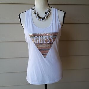 Guess White Sequin Logo Cotton Blend Tank Top